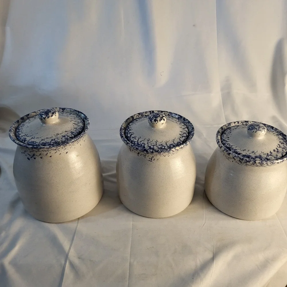 Set of 3 Country Blue Hearts Sponge Stoneware Canister Set Cottagecore
